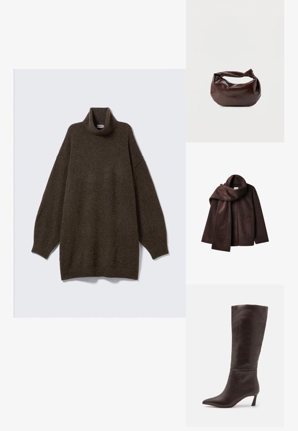 Chaqueta de mezcla de lana marrón con un amplio cuello de bufanda y diseño de frente abierto. Textura suave, corte relajado y sin cierre visible.; Suéter marrón de cuello alto sobredimensionado con hombros caídos, cuello acanalado y tejido suave y texturizado. Diseño simple y relajado.; Steve Madden LAVAN - Botas - brown; Bolso de hombro de cuero marrón oscuro con una forma suave y caída, y un asa con nudo torcido sobre un fondo blanco liso.