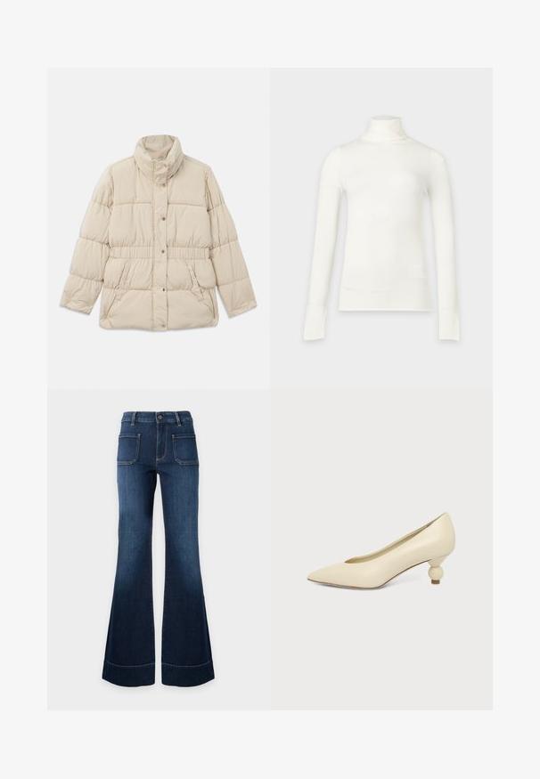 Beige polstret jakke med høj krave, trykknaplukning, elastisk talje og to sidelommer. Glat tekstur med quiltet design.; Hvid turtleneck-shirt med lange ærmer og slank pasform, vist mod en lysegrå baggrund.; Mørkeblå denimjeans med høj talje, brede vidde ben, to store foran lommer og knaplukning i taljen.; Kremfarvet damesko med spids snude og lav hæl, hvor hælen er rund og kugleformet, på en ensfarvet baggrund.