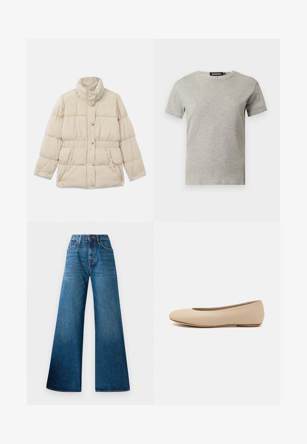 Beige polstret jakke med høj krave, trykknaplukning, elastisk talje og to sidelommer. Glat tekstur med quiltet design.; Lysegrå kortærmet crew neck bomulds T-shirt med synligt sort mærke inde i kraven med teksten "DENIM" og størrelse "S".; Blå denim brede bukser med høj talje, let falming, klassisk fem-lomme design og knaplukning foran.; Beige læder balletflade med afrundet tå, minimal sømdetaljering, lav hæl og subtilt logo på bagsiden. Glat, mat tekstur.