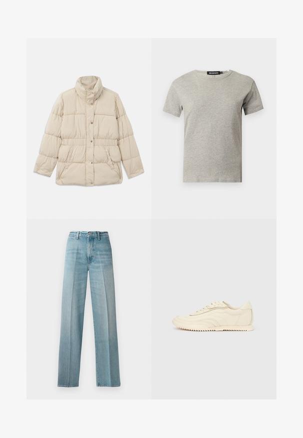 Beige gepolsterte Jacke mit hohem Kragen, Druckknopfverschluss, elastischem Bund und zwei Seitentaschen. Glatte Textur mit steppdesign.; Hellgraues kurzärmeliges Baumwoll-T-Shirt mit Rundhalsausschnitt und sichtbarem schwarzem Label im Kragen mit der Aufschrift "DENIM" und Größe "S".; Hellblaue Denim-Jeans mit hoher Taille, geradem Bein, dezentem Fading, Kupferriegeln und einem klassischen Knopfverschluss an der Vorderseite.; Niedrig geschnittener, cremefarbener Sneaker mit wellenförmiger Naht, Schnürverschluss und einer profilierten Sohle, seitlich auf einem einfarbigen Hintergrund dargestellt.
