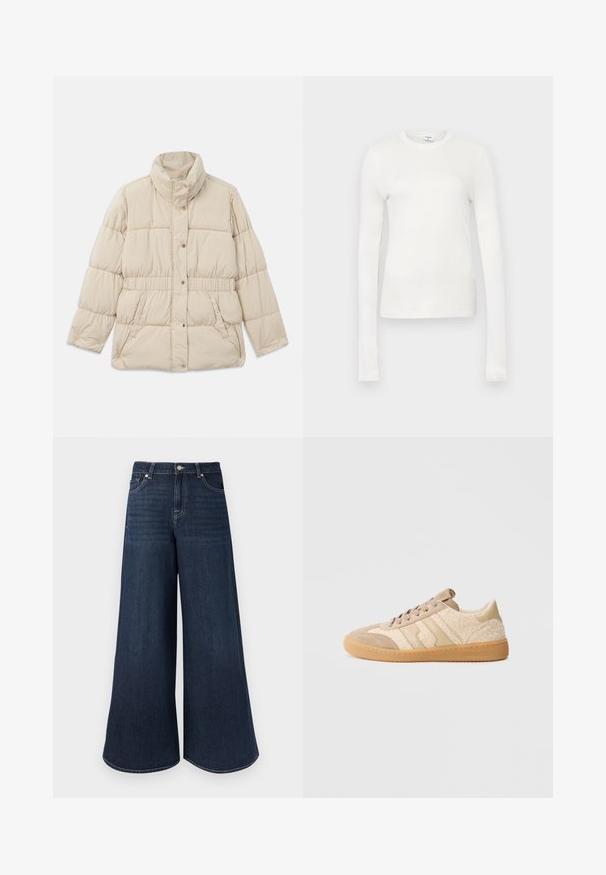 Beige padded jacket with a high collar, snap button closure, elastic waistband, and two side pockets. Smooth texture with a quilted design.; Valkoinen pitkähihaisen t-paita, joka on valmistettu pehmeästä puuvillasta. Ominaisuuksiin kuuluu pyöreä pääntie, hyväistuinen siluetti ja sileä pinta. Ei kuvioita tai yksityiskohtia.; Leveälahkeiset, tummat farkut korkealla vyötäröllä, joissa on tikattu yksityiskohta, napitus ja klassinen viiden taskun malli.; Beiget lenkkitossut, joissa on mokkaa ja teksturoitua kangasta, kumipohja ja kontrastiväriset beigen raidat. Pyöreä kärki ja nauhakiinnitys.