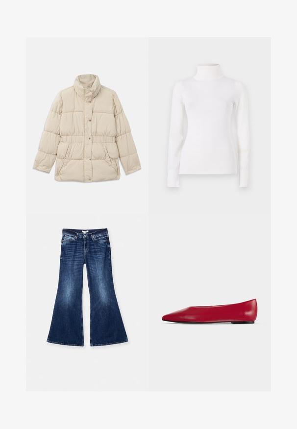 Beige padded jacket with a high collar, snap button closure, elastic waistband, and two side pockets. Smooth texture with a quilted design.; Valkoinen poolopaita, tiukka malli, pitkähiha, pehmeä kangas, sileä materiaali, vähäiset yksityiskohdat, ribbaatut hihansuut ja kaulus.; RE/DONE BAGGY FLARE - Flared-farkut - monterey fade; Punainen nahkainen kärjellinen tasapohjainen kenkä, jossa musta pohja ja matala korko, kuvattuna sivuprofiilina yksivärisellä vaalealla taustalla.