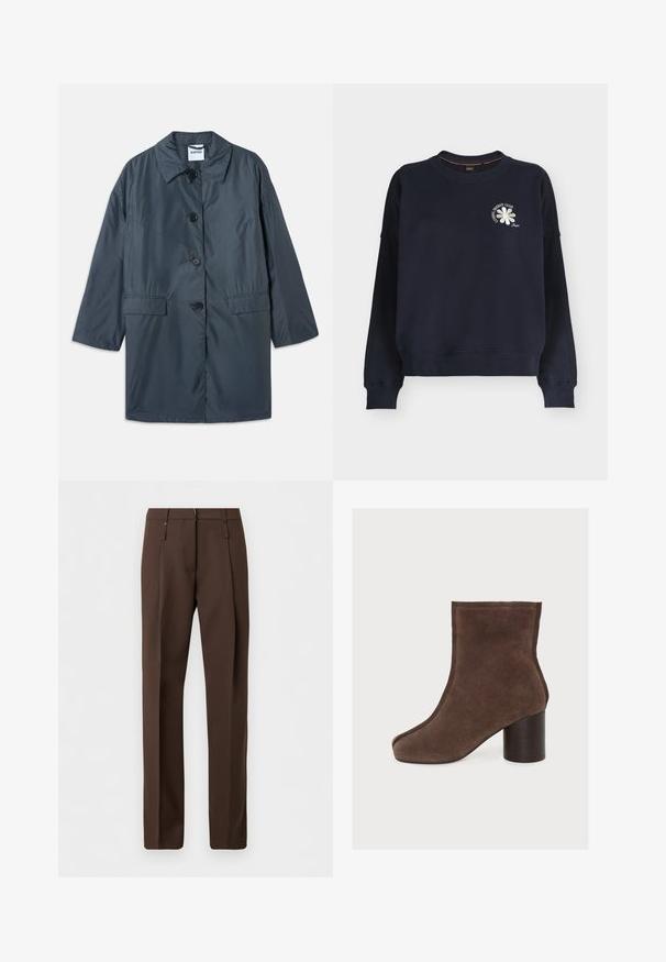 Mørkegrå, letvægtsfrakke med krave, fire frontknapper og sidelommer. Glat stof og afslappet pasform med sænkede skuldre.; Marineblå sweatshirt med lange ærmer med ribkant ved ærmer og bund, med en lille hvid blomst og teksten "COSMIC ENERGY CLUB" på brystet.; Brune skræddersyede bukser med lige ben, bæltestropper og frontrynker, vist på en ensfarvet hvid baggrund.; Brun ruskind ankelstøvle med rund tå og chunky blokhæle på en ensfarvet lys baggrund.