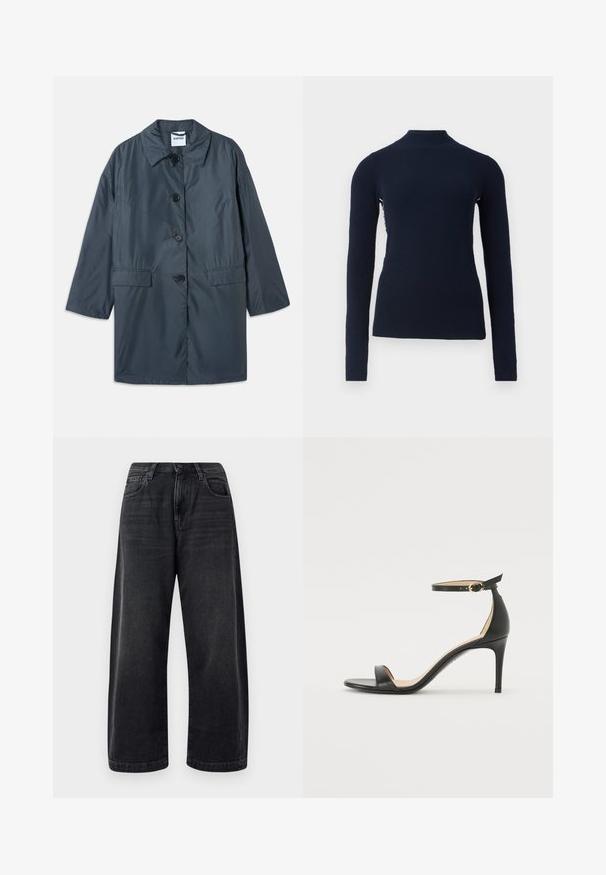 Mørkegrå, letvægtsfrakke med krave, fire frontknapper og sidelommer. Glat stof og afslappet pasform med sænkede skuldre.; Marineblå ribbestrikket langærmet sweater med mock neck krave og tætsiddende silhuet, vist på en lys hvid baggrund.; Bredde ben sorte jeans lavet af denim, med et klassisk fem-lomme design, subtil fading og en knaplukning i taljen.; Sort læder højhælede sandaler med ankelrem. Har en glat tekstur, åben tå og en tynd hæl. Guldtonet spænde detalje.