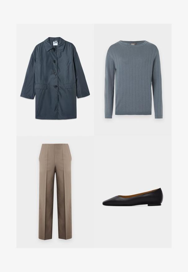 Manteau léger gris foncé avec un col, quatre boutons sur le devant et des poches latérales. Tissu doux et coupe décontractée avec épaules tombantes.; Pull à manches longues et col rond en bleu doux avec motif en côtes verticales, poignets ajustés et ourlet droit.; Pantalons beiges à taille haute avec une coupe ajustée, dotés de deux plis à l'avant, d'une conception à jambe droite et de lignes épurées, sans ornements.; Chaussure plate en cuir noir à bout pointu avec talon bas et finition lisse, vue de côté sur un fond gris clair.
