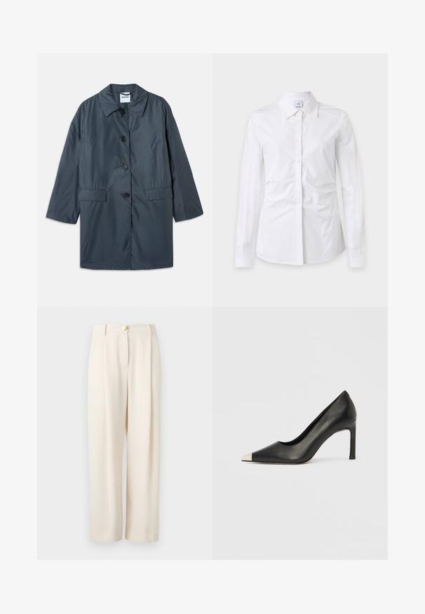 Abrigo ligero de color gris oscuro con cuello, cuatro botones en la parte delantera y bolsillos laterales. Tejido suave y corte relajado con hombros caídos.; Camisa blanca de manga larga con botones y cuello, tela ligeramente arrugada y una etiqueta de marca visible dentro del cuello.; Pantalones de pierna ancha en color beige y tejido suave, con cierre de un solo botón, bolsillos laterales y un corte relajado para una comodidad óptima.; Zapato de tacón alto de cuero negro con punta en forma de pico y una tapa metálica plateada. Presenta un acabado suave y un tacón delgado de 10 cm.
