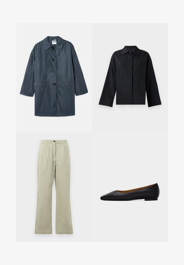 Donkergrijze, lichtgewicht jas met een kraag, vier knopen aan de voorkant en zijzakken. Gladde stof en een ontspannen pasvorm met verlaagde schouders.; Zwart gepindstreept cropped shirt met een puntige kraag en lange, brede mouwen; gemaakt van gladde stof, met verticale strepen voor detail.; Lichtgroene wijde broek van zacht materiaal, met een knoopsluiting aan de voorkant, plooien en een nette zoom.; Zwarte leren puntschoen met lage hak en gladde afwerking, zijaanzicht op een lichtgrijze achtergrond.
