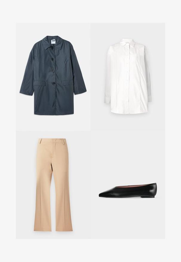 Abrigo ligero de color gris oscuro con cuello, cuatro botones en la parte delantera y bolsillos laterales. Tejido suave y corte relajado con hombros caídos.; Camisa blanca de manga larga hecha de algodón, con cuello clásico, cierre frontal de botones y detalles de pliegues verticales en el torso.; Pantalones anchos beige con una textura suave, presentan una cinturilla de altura media y pliegues frontales limpios. Diseño sencillo, sin adornos visibles.; Zapato plano negro de cuero para mujer con punta puntiaguda y tacón bajo, mostrado de lado sobre un fondo liso gris claro.