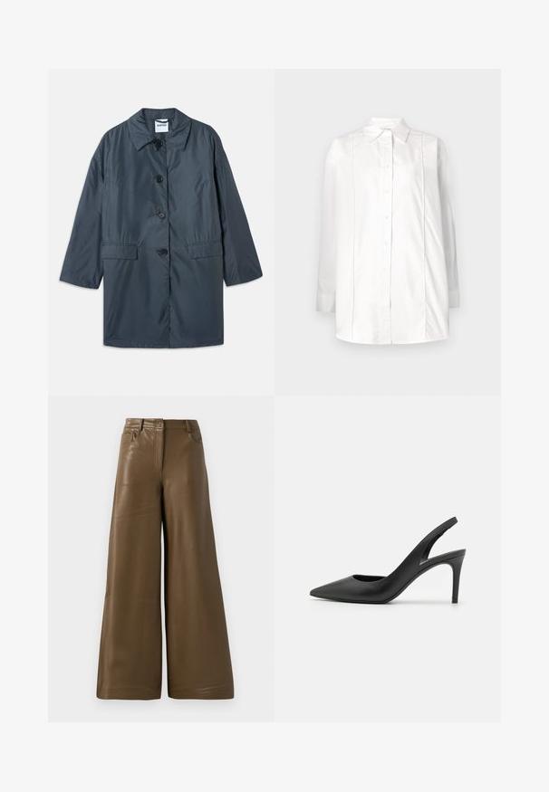 Abrigo ligero de color gris oscuro con cuello, cuatro botones en la parte delantera y bolsillos laterales. Tejido suave y corte relajado con hombros caídos.; Camisa blanca de manga larga hecha de algodón, con cuello clásico, cierre frontal de botones y detalles de pliegues verticales en el torso.; Pantalones de pierna ancha hechos de suave cuero sintético marrón. Presentan una cintura alta, cuatro bolsillos y una cremallera frontal. Textura lisa y diseño minimalista.; Zapatos de tacón alto de cuero negro con diseño de punta afilada, que presentan un corte en la parte delantera y un delgado tacón de aguja.