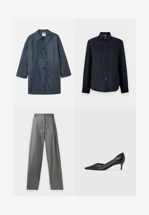 Manteau léger gris foncé avec un col, quatre boutons sur le devant et des poches latérales. Tissu doux et coupe décontractée avec épaules tombantes.; Chemise noire à manches longues avec boutons, col pointu et ourlet légèrement arrondi, présentée sur un fond gris clair uni.; Pantalons gris sur mesure avec taille haute, devant plissé et design à jambes larges. Fabriqués à partir d'un tissu texturé, avec des passants de ceinture et des coutures lisses.; Escarpin en cuir noir avec un bout pointu et un talon bas. Présente une texture lisse et un éclat subtil. Découpe ouverte à l'avant pour un détail supplémentaire.
