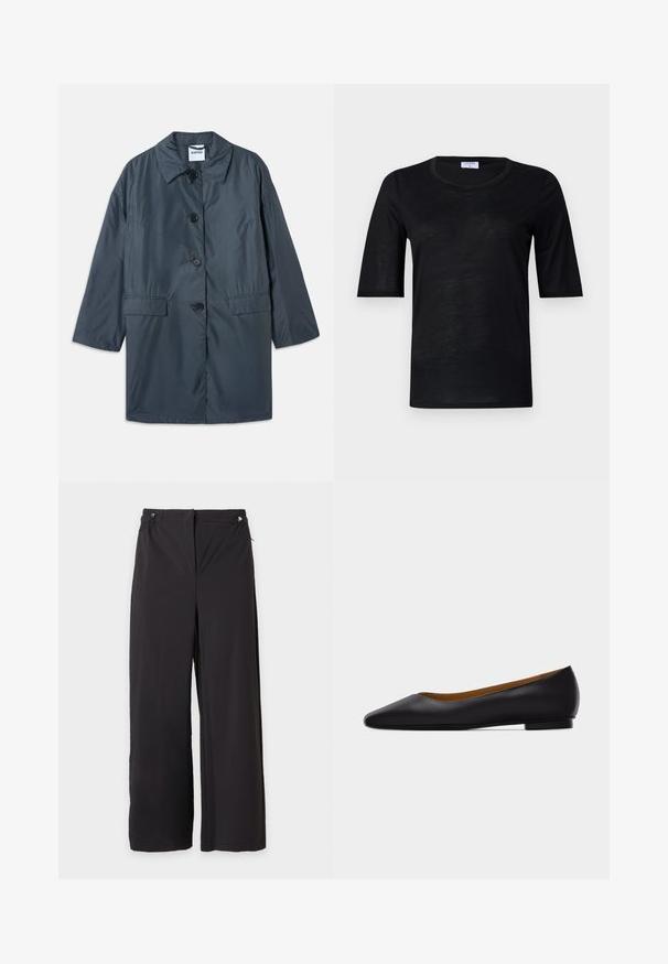 Abrigo ligero de color gris oscuro con cuello, cuatro botones en la parte delantera y bolsillos laterales. Tejido suave y corte relajado con hombros caídos.; Camiseta negra de manga corta hecha de tejido ligero con escote redondo, que presenta una textura suave y un ajuste relajado.; Pantalones negros de pierna ancha con cinturilla elástica y bolsillos con cremallera sobre fondo blanco.; Zapato plano de punta puntiaguda de cuero negro con tacón bajo y acabado liso, mostrado de perfil sobre un fondo gris claro.