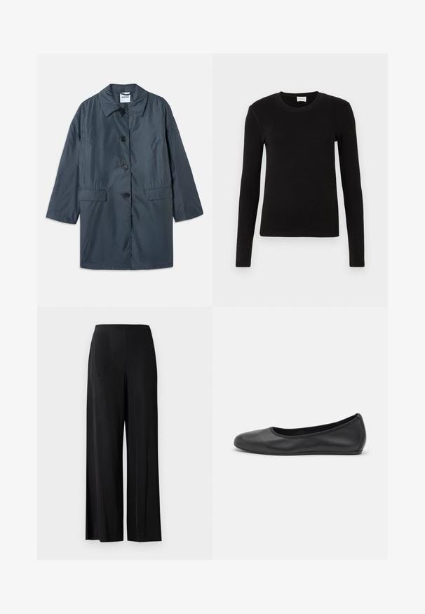 Manteau léger gris foncé avec un col, quatre boutons sur le devant et des poches latérales. Tissu doux et coupe décontractée avec épaules tombantes.; T-shirt noir à manches longues en tissu doux et lisse. Présente un col rond et une coupe ajustée, sans motifs ni accents visibles.; Pantalons larges noirs en tissu lisse, avec une taille haute et sans poches ni éléments métalliques visibles. Design longueur sol.; Ballerines en cuir noir avec un bout rond, texture lisse, détails de couture minimalistes et design de semelle flexible.