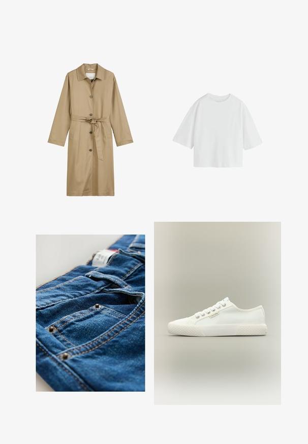 Tan trenchcoat met een kraag, opvallende knopen aan de voorkant en een strikceintuur in de taille. Heeft lange mouwen en twee zijzakken.; Effen witte oversized T-shirt met korte mouwen, een ronde hals en een losse pasvorm.; Donkerblauwe denim jeans met contrasterende oranje stiksels, voorzien van zakken en metalen klinknagels bij de zaknaden. Textuur van de stof zichtbaar.; Witte lage canvas sneaker met een getextureerde rubberen zool, witte veters en een klein Calvin Klein-label aan de zijkant.