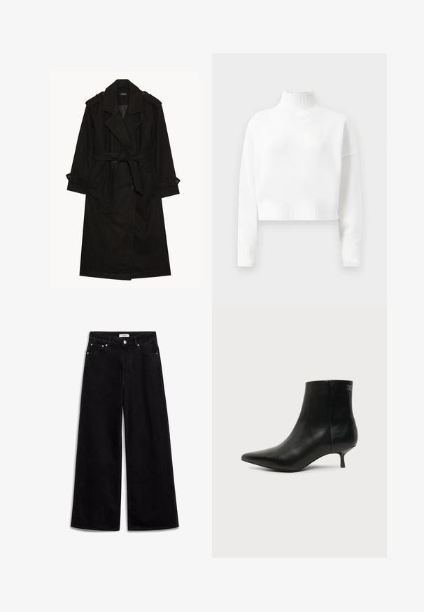 Manteau noir, en tissu mélangé de laine, design croisé, revers larges, taille ceinturée, épaulettes et poignets boutonnés.; Pull en col roulé blanc avec un col et des poignets côtelés, au design court, avec une texture tricotée subtile et un petit logo sur la poitrine.; Jean large noir en denim, avec une taille haute, cinq poches et des accents en métal argenté. Texture lisse, design épuré.; Bottine en cuir noir avec bout pointu et petit talon kitten sur fond clair, vue côté extérieur.