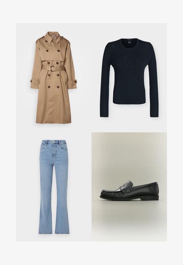 Beige Trenchcoat aus glattem Stoff, mit einem doppelt knöpfbaren Design, großen Knöpfen und einem passenden Gürtel in der Taille.; Schwarzer, gerippter Langarm-Henley-Pullover mit Fünf-Knopf-Leiste und rundem Ausschnitt, mit BOSS-Label, flach auf weißem Hintergrund gelegt.; Hellblaue Schlagjeans mit hoher Taille, aus Denim gefertigt. Sie verfügen über einen vorderen Knopf- und Reißverschluss sowie sichtbare Nähte entlang der Seitennähte.; Schwarzer Leder-Pennyloafer mit gerafftem Zehdetail und niedrigem gestapeltem Absatz, seitlich auf neutralem Hintergrund betrachtet.