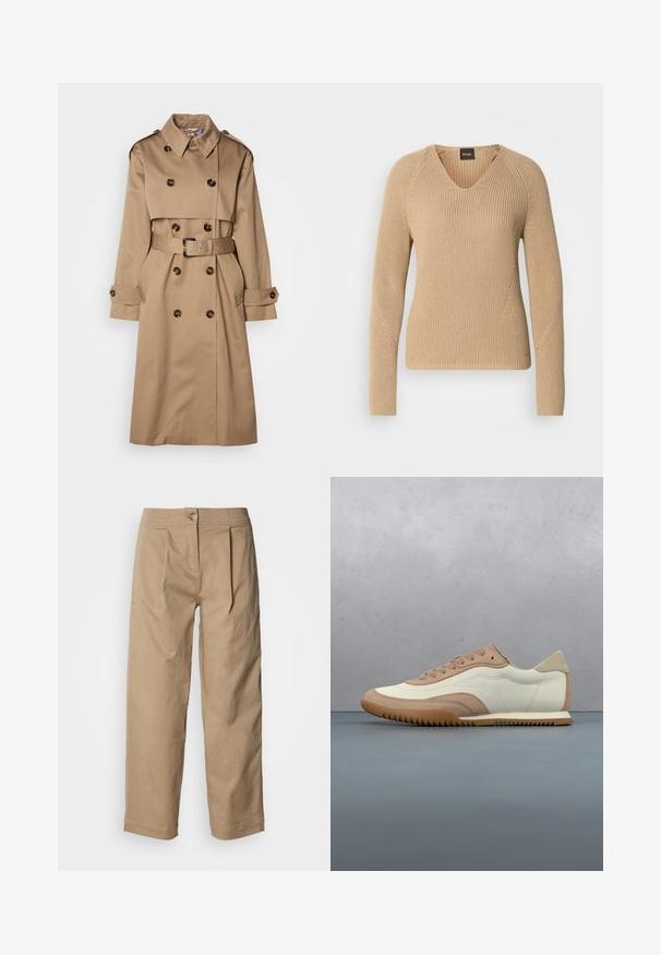 Beige Trenchcoat aus glattem Stoff, mit einem doppelt knöpfbaren Design, großen Knöpfen und einem passenden Gürtel in der Taille.; Beiger Strickpullover mit V-Ausschnitt, langen Ärmeln und strukturiertem Rippendesign mit diagonalen Steppdetails an den Schultern.; Beige, hoch taillierte Hose mit geraden Beinen, Kellerfalte und Knopfverschluss. Hergestellt aus leichtem Baumwollstoff mit glatter Textur.; Beige-weißer Sneaker mit einer strukturierten Oberseite, Schnürsenkeln und einer Gummisohle, präsentiert über einer Holzfläche mit Kieselsteinen.
