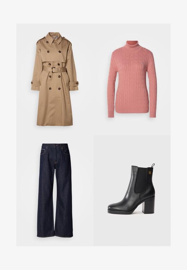Beige Trenchcoat aus glattem Stoff, mit einem doppelt knöpfbaren Design, großen Knöpfen und einem passenden Gürtel in der Taille.; Rosa Kabelstrick-Turtleneck-Pullover mit langen Ärmeln, gerippten Bündchen und Saum; mit einem kleinen Logodetail auf der Brust.; Weite dunkelblaue Jeans mit hoher Taille, vorderen Taschen und subtilen Nähdetails. Glatte Textur mit klassischem Schnitt.; Schwarze Leder-Ankle Boots mit Blockabsatz, elastischem Seitenpanel, Zuglasche und kleinem goldenen Logo an der Oberseite.