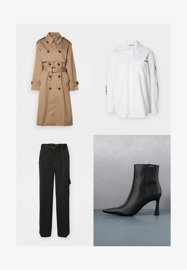 Beige Trenchcoat aus glattem Stoff, mit einem doppelt knöpfbaren Design, großen Knöpfen und einem passenden Gürtel in der Taille.; Weißes, langärmeliges Hemd mit Knopfleiste, Kragen, Brusttasche und schwarzem "DKNY JEANS"-Etikett auf der Tasche und den Ärmeln.; Schwarze Cargo-Hosen mit einem eng anliegenden Bund, Gürtelschlaufen, mehreren Taschen, sichtbaren Steppnähten und einem lockeren, geraden Bein.; Schwarze Leder-Stiefelette mit spitzem Zehenbereich und einem geometrischen Absatz. Verfügt über dezente Branding-Elemente und eine glatte Textur. Der Hintergrund zeigt strukturierte Fliesen.