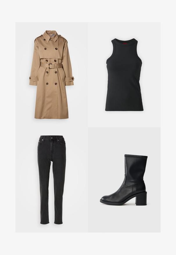 Beige Trenchcoat aus glattem Stoff, mit einem doppelt knöpfbaren Design, großen Knöpfen und einem passenden Gürtel in der Taille.; Schwarzes ärmelloses Top aus dehnbarem Material. Mit Rundhalsausschnitt und taillierter Silhouette sowie minimalistischen Nähdetails.; Schwarze, hoch taillierte Denim-Jeans mit schlanker Passform, ausgestattet mit Knopfverschluss, Gürtelschlaufen und kontrastierenden Nähten. Glatte Textur, keine sichtbaren Muster.; Schwarze Leder-Ankle Boots mit runder Zehenform, glatter Oberfläche und dicker Absatz, ausgestattet mit einem eng anliegenden Schaft und subtilen Nähten.