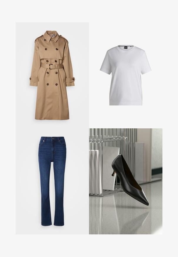 Beige Trenchcoat aus glattem Stoff, mit einem doppelt knöpfbaren Design, großen Knöpfen und einem passenden Gürtel in der Taille.; Weißes Baumwoll-T-Shirt mit rundem Halsausschnitt, kurzen Ärmeln und bequemer Passform. Mit einem kleinen Markenschild nahe dem Kragen.; Dunkelblaue Denim-Jeans mit hohem Bund. Verfügt über das klassische Fünf-Taschen-Design und einen leichten Schlag am Saum.; Schwarzer Leder-Kitten-Heel-Schuh mit spitz zulaufender Spitze, der über einem grau gesprenkelten Boden schwebt, neben einem Metall-Ordnerhalter mit Ordnern.