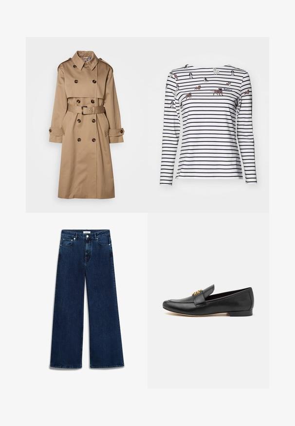 Beige Trenchcoat aus glattem Stoff, mit einem doppelt knöpfbaren Design, großen Knöpfen und einem passenden Gürtel in der Taille.; Barbour BRADLEY PRINT - Langarmshirt - multi-coloured; Weite Jeans in Dunkelblau mit leichtem Used-Look, fünf Taschen, Knopfverschluss und Gürtelschlaufen.; Schwarze Leder-Loafer mit abgerundetem Zehenbereich, flachem Absatz und goldfarbener Hardware-Akzent auf dem Riemen. Glatte Textur mit minimalen Design-Details.