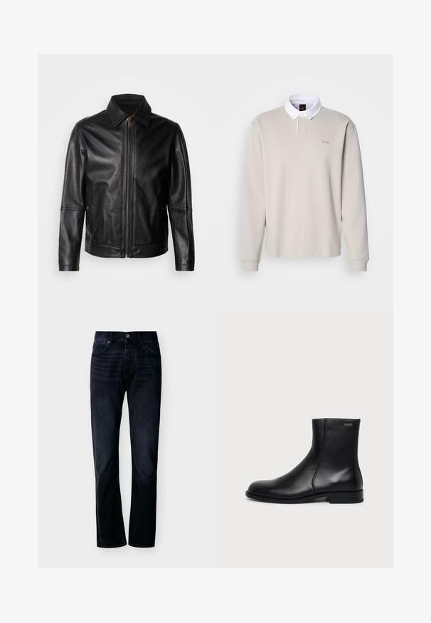 Veste en cuir noire avec col pointu, fermeture éclair frontale et poches latérales. Présente une texture lisse et une coupe ajustée.; Polo à manches longues beige clair avec un col blanc et une patte de boutonnage, comportant un logo sur la poitrine et des poignets côtelés. Tissu en coton lisse.; Jean droit couleur indigo foncé avec fermeture avant à boutons et zip, passants pour ceinture et design à cinq poches, présenté sur un fond clair uni.; Bottine en cuir noir à talon bas, couture latérale et petit logo "HUGO" sur le revers supérieur sur un fond uni.