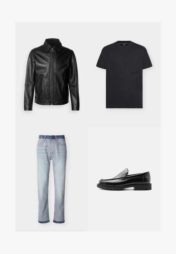 Veste en cuir noire avec col pointu, fermeture éclair frontale et poches latérales. Présente une texture lisse et une coupe ajustée.; T-shirt noir à manches courtes avec un col rond, doté d'un logo embossé subtil sur la zone de la poche poitrine et d'un détail vert à l'intérieur du col.; Jean denim bleu clair avec une ceinture bleu foncé, coupe droite, cinq poches et détails de couture visibles.; Mocassin en cuir noir avec semelle en caoutchouc épaisse, dessus cousu et nom de marque embossé sur le talon, présenté de profil sur fond blanc.