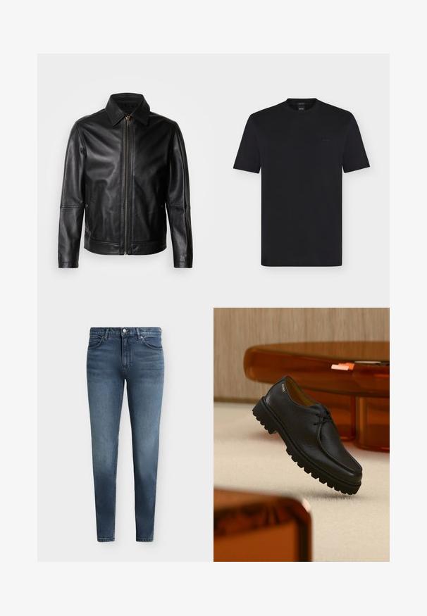 Veste en cuir noire avec col pointu, fermeture éclair frontale et poches latérales. Présente une texture lisse et une coupe ajustée.; T-shirt noir à manches courtes BOSS avec col rond, coupe régulière et logo subtilement embossé sur la poitrine gauche.; Jean skinny en denim bleu avec poches avant, passants pour ceinture et fermeture à bouton avec braguette zippée.; Chaussure à lacets en cuir noir texturé avec une semelle épaisse à rainures, marquée "HUGO" près du talon, présentée sur un tapis beige et un mobilier ambre.