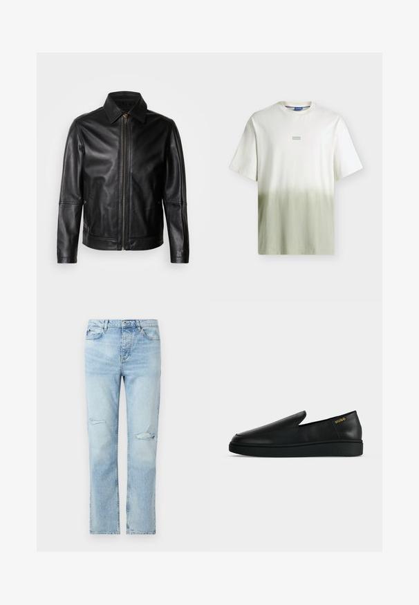 Veste en cuir noire avec col pointu, fermeture éclair frontale et poches latérales. Présente une texture lisse et une coupe ajustée.; T-shirt à manches courtes blanc et vert clair dégradé avec un petit logo "HUGO" centré sur la poitrine et un col rond.; Jean en denim bleu clair avec une coupe droite, fermeture par boutons, poches avant, et petites déchirures usées sur les deux cuisses.; Chaussure noire en cuir à enfiler avec semelle épaisse et marquage "HUGO" en or près du talon sur un fond uni gris clair.