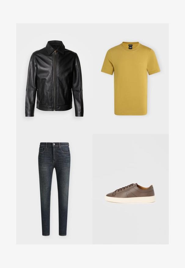 Veste en cuir noire avec col pointu, fermeture éclair frontale et poches latérales. Présente une texture lisse et une coupe ajustée.; T-shirt homme jaune moutarde à manches courtes et col rond, avec petit logo BOSS sur la poitrine gauche et étiquette coupe régulière à l’intérieur du col.; Jean slim bleu foncé avec cinq poches et fermeture par bouton, présenté de face sur un fond uni clair.; Baskets en cuir marron à texture lisse, semelle extérieure crème contrastante, bout arrondi et lacets marron foncé ; présente un logo discrètement embossé.