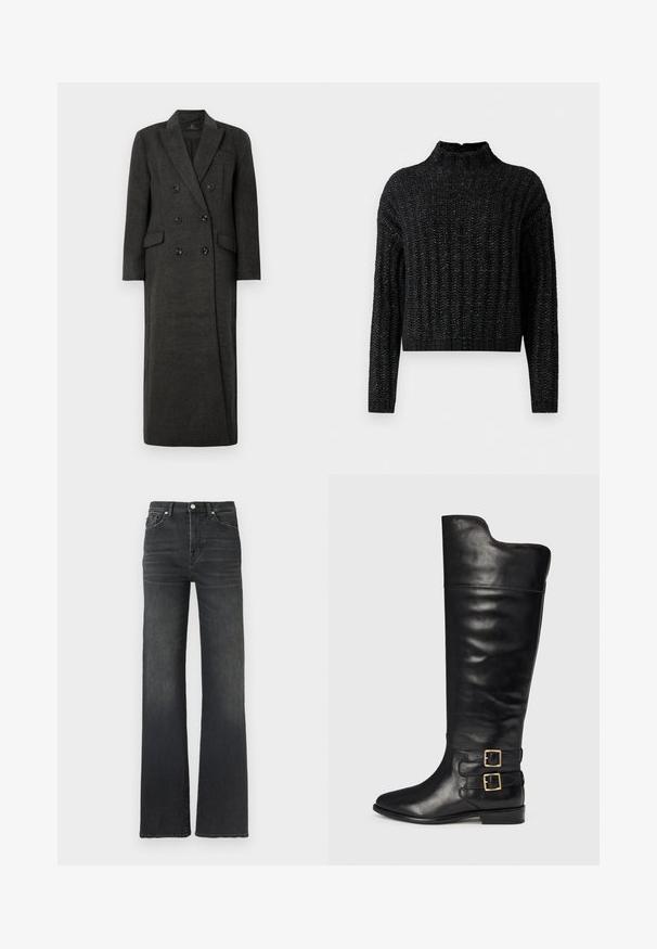 Manteau en laine double boutonnage de couleur gris foncé avec des revers crantés et des poches à rabat, présenté sur un fond blanc uni.; Pull en tricot noir, épais, avec un motif côtes, manches longues et col montant court.; Jean en denim noir taille haute avec une coupe droite, présentant des coutures classiques et un design à cinq poches. Texture lisse avec un délavage minimal.; Bottines noires en cuir, montant jusqu'aux genoux, avec une finition lisse, un bout pointu et deux accents de boucles sur le côté extérieur. Design à talon plat.
