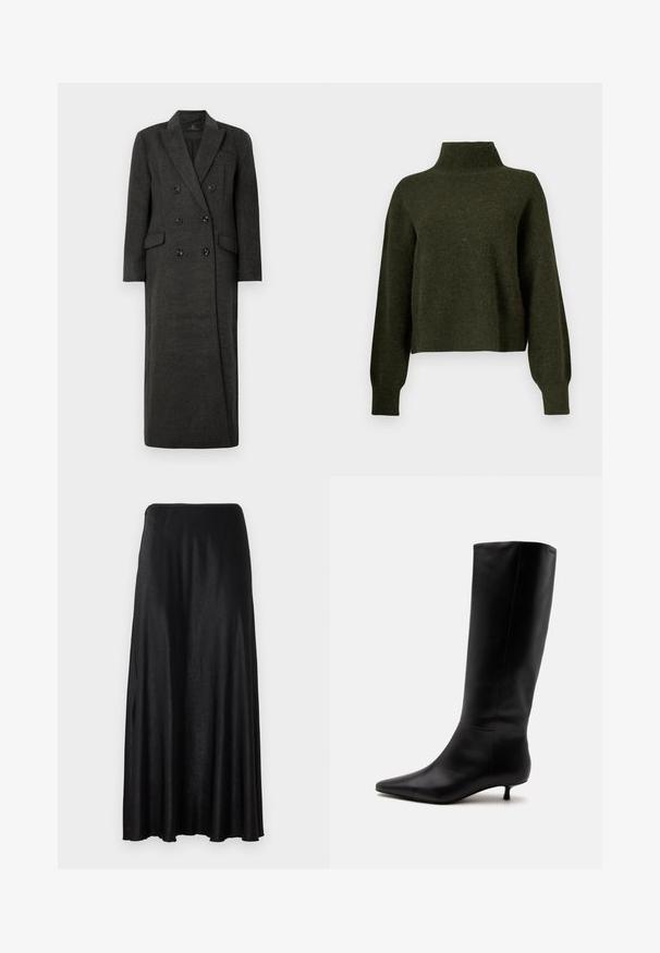 Manteau en laine double boutonnage de couleur gris foncé avec des revers crantés et des poches à rabat, présenté sur un fond blanc uni.; Pull court vert olive avec un col haut et des manches longues et amples. Fabriqué en matériau doux avec une texture légèrement duveteuse.; Jupe noire, longue jusqu'au sol, fabriquée dans un tissu lisse et léger. Présente un design simple et sans couture avec une taille élastique.; Botte noire en cuir jusqu'au genou avec bout pointu et petit talon kitten sur un fond clair uni.