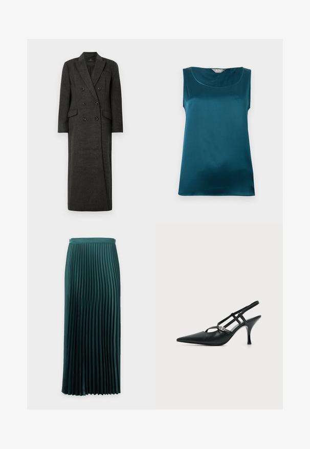 Manteau en laine double boutonnage de couleur gris foncé avec des revers crantés et des poches à rabat, présenté sur un fond blanc uni.; Blouse sans manches en satin turquoise avec encolure arrondie et texture de tissu lisse et brillante, posée à plat sur un fond blanc.; Jupe plissée mi-longue vert foncé avec une taille ajustée et des plis verticaux uniformément espacés.; Escarpin slingback en cuir noir à bout pointu avec fines brides et une petite boucle décorative argentée sur le côté.