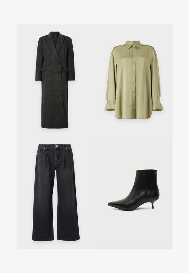 Manteau en laine double boutonnage de couleur gris foncé avec des revers crantés et des poches à rabat, présenté sur un fond blanc uni.; Blouse olive en tissu lisse, avec un col, des boutons à l'avant, des manches longues avec des accents de poignet et des détails effilochés.; Jean noir à jambe large en denim, avec une fermeture à bouton sur le devant, deux poches avant et une finition épurée sans embellissements.; Bottine en cuir noir avec bout pointu et petit talon kitten sur fond clair, vue côté extérieur.