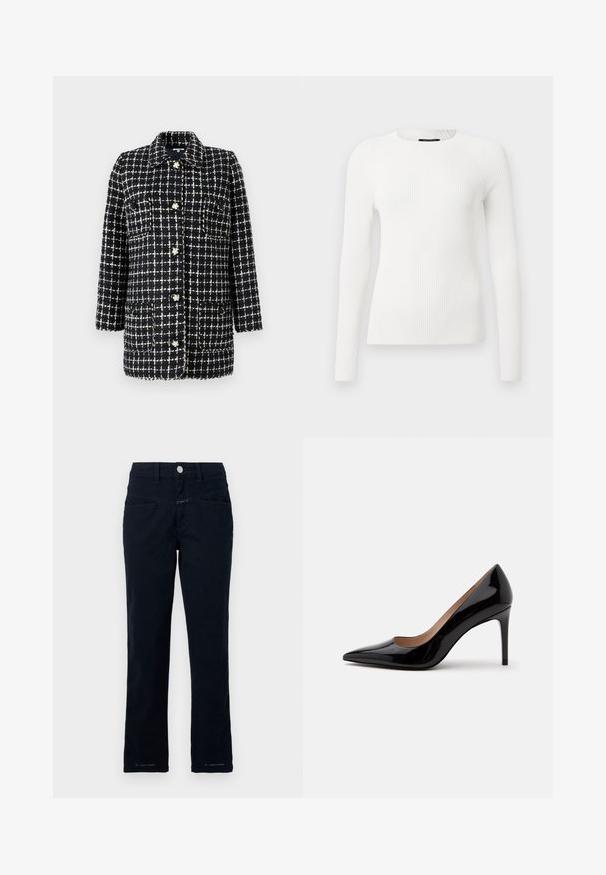 Blazer à motif carreaux bleu marine et blanc, en tissu texturé, doté d'un col, de manches longues, de poches avant et de boutons décoratifs.; Haut long à manches blanches en maille côtelée avec un col rond, présent offrant une coupe ajustée et un motif texturé, mettant en avant le confort et la structure.; Pantalon bleu marine en coton extensible avec une coupe droite, poches avant et fermeture à bouton à la taille.; Escarpin en cuir verni noir à talon haut avec bout pointu et talon aiguille, présenté de profil sur un fond blanc uni.