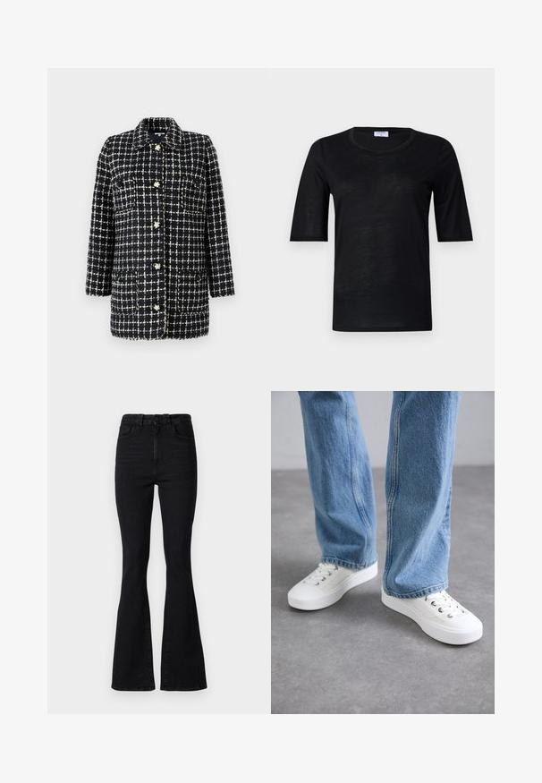 Blazer à motif carreaux bleu marine et blanc, en tissu texturé, doté d'un col, de manches longues, de poches avant et de boutons décoratifs.; T-shirt noir à manches courtes en tissu léger avec un col rond, présentant une texture lisse et une coupe décontractée.; Jean évasé noir taille haute, en denim. Les caractéristiques comprennent une fermeture à bouton, un design à cinq poches et une texture lisse.; Baskets blanches en toile avec une semelle en caoutchouc, dotées d'œillets en métal et d'un design à lacets, associées à un jean en denim bleu clair.