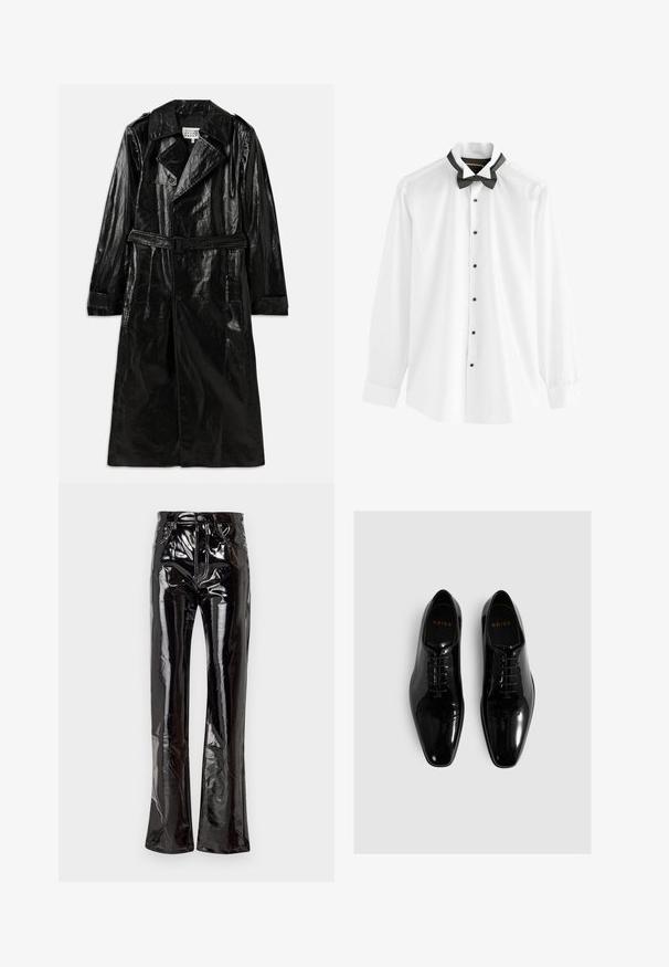 Sort lang trench coat lavet af skinnende materiale, med dobbeltbrystet lukning, stort krave, belagt talje og sidelommer.; Hvid skjorte med sorte knapper, lange ærmer og fastmonteret sort butterfly. Glat stof og klassisk kravedesign.; Sorte, højtaljede flagrende bukser lavet af blank vinyl med forlommer, lynlås lukning og synlige sømdetaljer.; Sorte laklæder festsko med spids tå, snøredesign og glat finish. Har præget mærkelogo på indersålen.