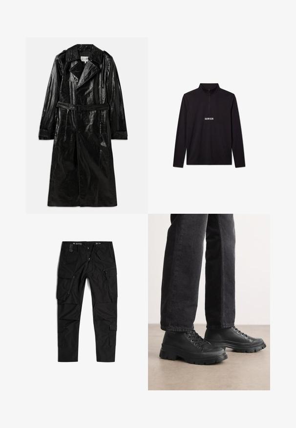 Schwarzer, langer Trenchcoat aus glänzendem Material mit zwei Reihen Knöpfen, großem Kragen, tailliertem Gürtel und Seitentaschen.; Schwarzer Langarm-Pullover von Calvin Klein mit Viertel-Reißverschluss und weißem Logo auf der Brust.; G-STAR TOOLBOX - Cargohose - dk black; Schwarze Schnürsneaker mit einer klobigen, strukturierten Sohle und glattem Obermaterial. Mit Metallösen und einem gerippten Akzent um die Zehenpartie.