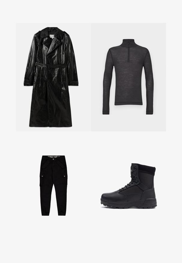 Schwarzer, langer Trenchcoat aus glänzendem Material mit zwei Reihen Knöpfen, großem Kragen, tailliertem Gürtel und Seitentaschen.; Schwarzes Langarm-Turtleneck-Shirt aus einem strukturierten Stoff, mit einem Halbreißverschluss am Kragen und eng anliegenden Ärmeln.; Schwarze Cargo-Hosen aus Baumwolle, mit mehreren Taschen, einer taillierten Passform und elastischen Bündchen an den Knöcheln.; Schwarzer taktischer Stiefel mit einem glatten Lederoberteil und Stoffpaneelen, hoher Knöchelgestaltung, schnürbarem vorderen Teil und robustem Gummisohle.