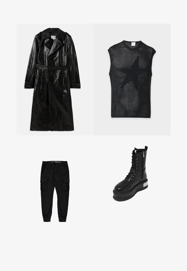 Sort lang trench coat lavet af skinnende materiale, med dobbeltbrystet lukning, stort krave, belagt talje og sidelommer.; Sort, ærmeløs striktop med et stort solidt stjernedesign i midten og et net-lignende åbent vævemønster over det hele.; Sorte cargobukser lavet af letvægtsstof, med elastisk talje, snor, og flere sidelommer samt tætsiddende cuffs.; Sort faux læder kampstøvle med en chunky platform, der har snørebånd fortil, lynlås lukning og metallisk detalje på hælen.