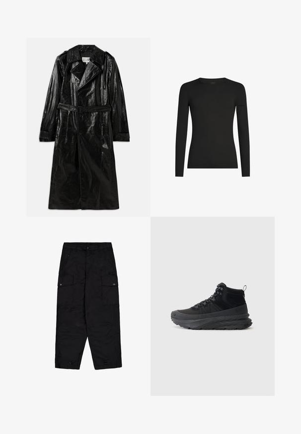 Sort lang trench coat lavet af skinnende materiale, med dobbeltbrystet lukning, stort krave, belagt talje og sidelommer.; Sort, tætsiddende langærmet T-shirt med rund hals og et diskret Icebreaker-logo på venstre ærme, vist på en hvid baggrund.; Sorte cargo bukser med frontknap og lynlås, sidelommer med klap og knapper samt justerbare snore i benåbningerne.; Sort højtop sneakers lavet af tekstureret stof med gummisål, der har snørelukning, polstret krave og træksløjfe på hælen.