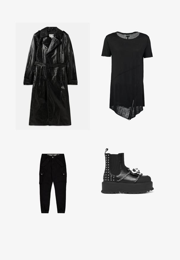Schwarzer, langer Trenchcoat aus glänzendem Material mit zwei Reihen Knöpfen, großem Kragen, tailliertem Gürtel und Seitentaschen.; Schwarzes T-Shirt mit kurzen Ärmeln und Rundhalsausschnitt, asymmetrischem Saum, transparenter Textur und seitlichem Reißverschluss. Weicher, leichter Stoff.; Schwarze Cargo-Hosen aus Baumwolle, mit mehreren Taschen, einer taillierten Passform und elastischen Bündchen an den Knöcheln.; Schwarze Plattformstiefel mit silbernen Nieten, Kettendetails und einer weißen Totenkopfdekoration auf der Vorderseite.