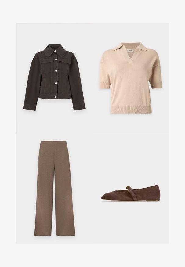 Veste en jean noire à silhouette ajustée, grand col arrondi, boutons sur le devant et deux poches poitrine. Texture lisse et coupe cintrée.; Pull en maille beige à manches courtes avec ourlet et poignets côtelés, col ouvert et encolure en V.; Pantalon marron à jambes larges avec ceinture plate, sans poches ni fermetures visibles, présenté sur un fond blanc.; Chaussure plate en daim marron avec bout pointu et bride à boucle dorée sur le côté, vue de profil sur fond blanc.