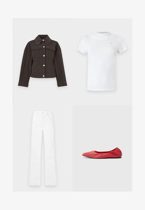 Veste en jean noire à silhouette ajustée, grand col arrondi, boutons sur le devant et deux poches poitrine. Texture lisse et coupe cintrée.; T-shirt blanc à manches courtes avec un col rond superposé et un petit emblème doré sur la poitrine gauche.; Jean blanc taille haute à jambe droite avec fermeture à boutons et zip à l'avant, poches latérales, et passants pour ceinture, présenté à plat sur un fond blanc.; Filippa K REY FLATS - Ballerines - bright red