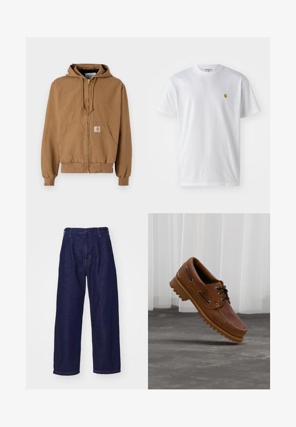 Haut à capuche zippé marron en coton, avec une poche frontale, des cordons réglables et un patch logo carré sur la poche gauche.; T-shirt en coton blanc à manches courtes, col rond, avec un petit logo doré sur la poitrine gauche. Texture douce et coupe régulière.; Jean en denim bleu foncé, design à jambe large, taille haute, avec une fermeture à bouton et un style classique à cinq poches. Texture lisse, couture discrète.; Chaussure de bateau en cuir marron avec des lacets noirs, des coutures beiges et une semelle robuste, suspendue au-dessus d'un sol en béton gris.