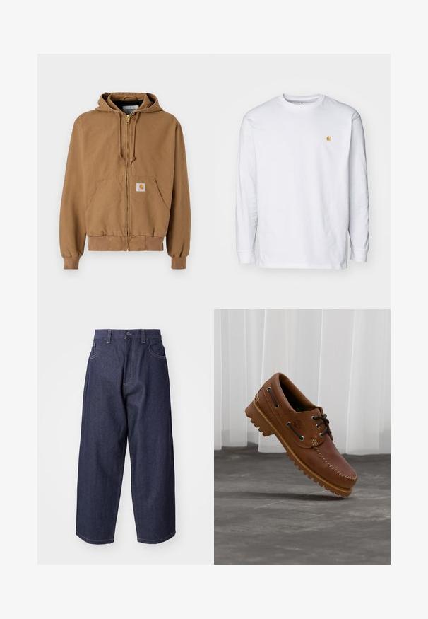 Haut à capuche zippé marron en coton, avec une poche frontale, des cordons réglables et un patch logo carré sur la poche gauche.; T-shirt à manches longues blanc en coton. Présente un petit logo doré sur la poitrine et un col rond. Design simple et coupe standard.; Jean en denim bleu foncé avec une coupe ample et des jambes larges. Comprend une fermeture à bouton, des poches avant et des accents de couture visibles.; Chaussure de bateau en cuir marron avec des lacets noirs, des coutures beiges et une semelle robuste, suspendue au-dessus d'un sol en béton gris.