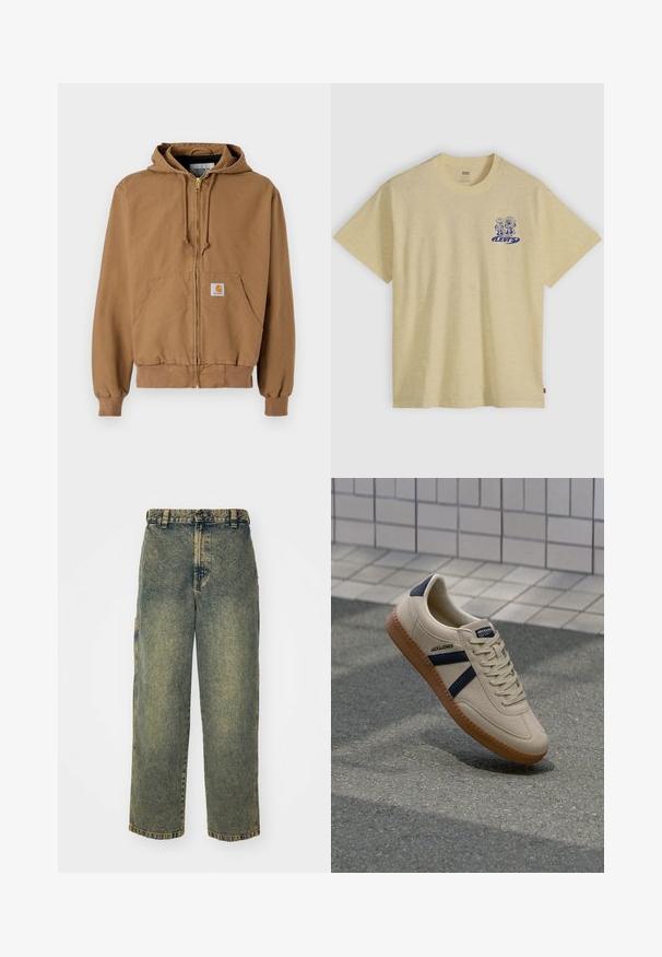 Haut à capuche zippé marron en coton, avec une poche frontale, des cordons réglables et un patch logo carré sur la poche gauche.; T-shirt beige Levi's avec un graphisme bleu de deux personnages de dessin animé et le logo Levi's sur la poitrine gauche, manches courtes, col rond.; Jeans en denim ample avec un délavage bleu et vert. Comprend une fermeture à bouton, des passants de ceinture et des poches latérales. Pas de pli à l'avant et design à jambe droite.; Baskets beiges avec une finition texturée, bandes navy et semelle en caoutchouc. Équipées d'une languette rembourrée et d'un système de laçage traditionnel pour un maintien sécurisé.