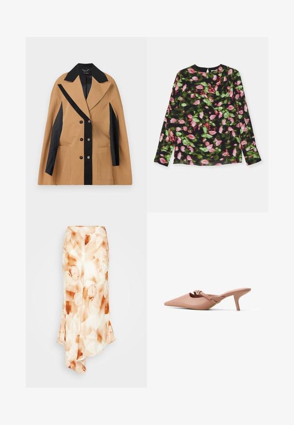 Beige Jacke mit schwarzen Akzenten, breiten Revers, doppelter Knopfleiste und zwei Seitentaschen; verfügt über strukturierte Stoffe und geometrische Muster.; Langärmliges Oberteil aus schwarzem Stoff mit floralen Mustern in Pink und Grün. Rundhalsausschnitt mit einem leichten Faltendetail.; Langer, fließender Rock aus einem leichten Stoff mit einem abstrakten Muster in Erdtönen – cremig-weiße, sanft orangefarbene und braune Flecken.; Taupe Leder-Mules mit spitzer Zehe, offener Rückseite und schmalem, schrägem Absatz. Mit einem kleinen Riemen und goldfarbener Schnallendetail.