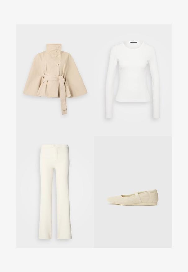 Manteau court style cape beige avec col montant, boutons sur le devant, manches larges et ceinture assortie nouée à la taille.; Chemise blanche à manches longues en rib avec un col rond et une silhouette ajustée. Texture lisse avec un design simple, sans motifs ni accents.; Pantalons évasés de couleur crème en tissu doux ; dotés d'une fermeture à bouton et d'une texture lisse ; design ajusté à la taille.; Ballerines beiges avec une exterior en cuir lisse, un bout en forme d'amande et une sangle élastique sur le coup de pied, avec des détails de couture subtils.