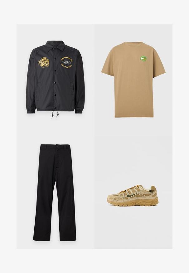 Zwarte windbreakerjas met ribgebreide manchetten, drukknoopsluiting en drawstring onderrand. Bevat gele grafische prints van een motor en merknamen.; Beige T-shirt met korte mouwen en een klein groen-wit rond logo op de linkerborst, met een swoosh en tekst.; Zwarte broek met rechte pijpen, knoop- en ritssluiting, lussen voor een riem, plat weergegeven op een lichte achtergrond.; Beige sportschoen met gestructureerde suède en meshpanelen, contrasterende bruine veters en een robuust rubberen zool. Voorzien van een prominent logo.